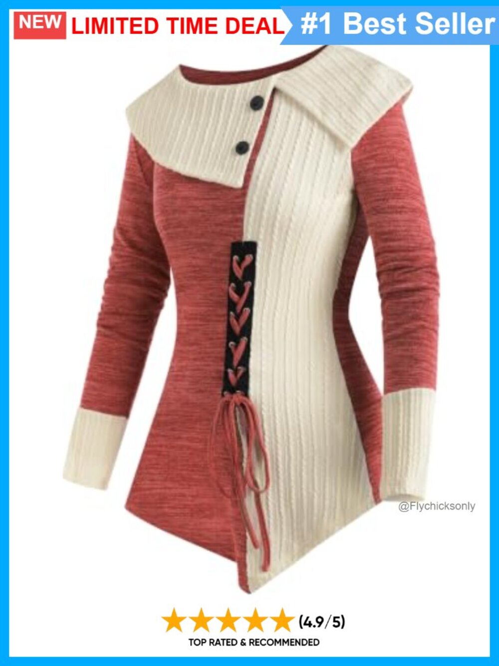 Women's Long Sleeve Tunic Sweater Asymmetrical Hem Lace-Up Top
